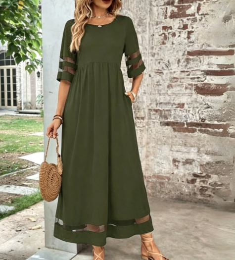 Plus Size Mesh Sleeve Maxi Dress with Pockets A-Line