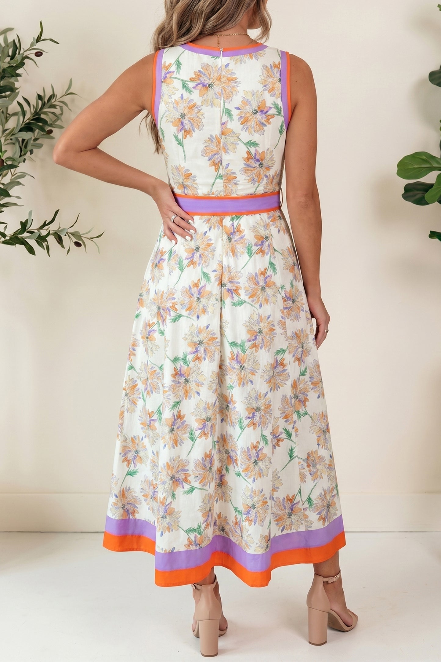 Floral Sleeveless Maxi Dress Women Belted Summer Casual