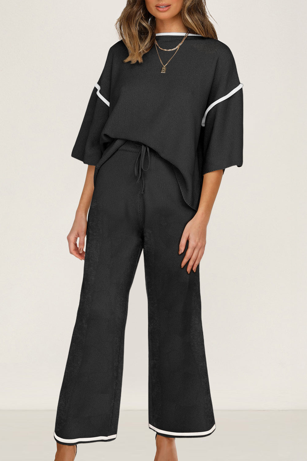 Women’s Knit Lounge Set Contrast Trim Top and Pants