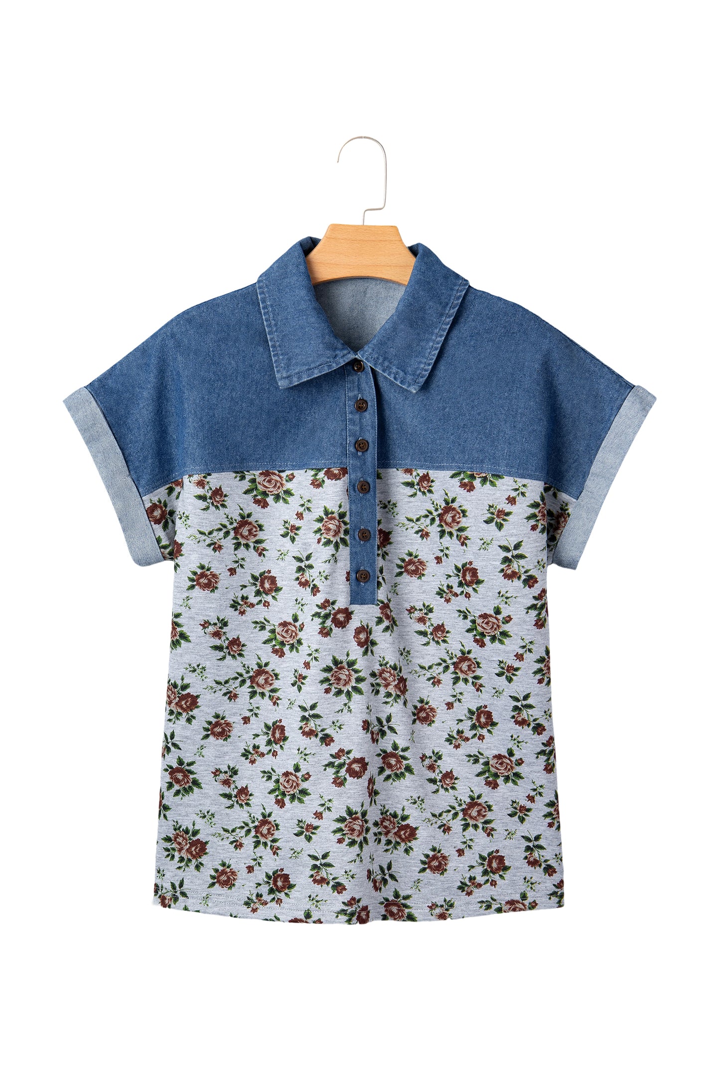 Floral Color Block Polo Henley Button Casual Top