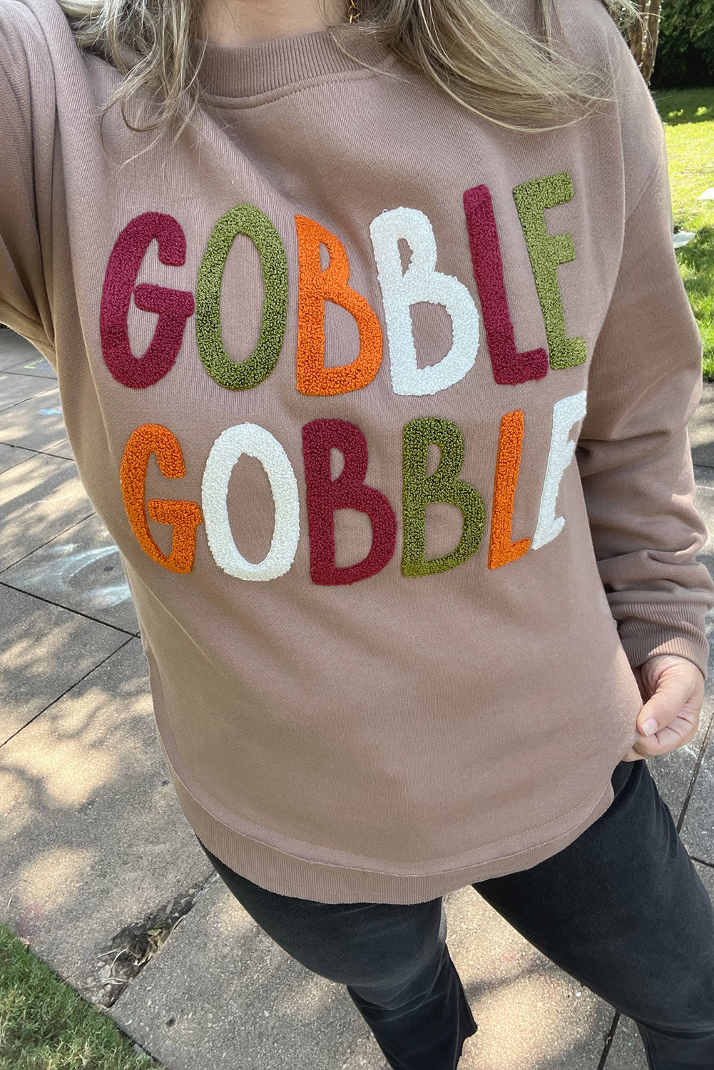 Khaki Gobble Gobble Chenille Letter Thanksgiving Sweatshirt