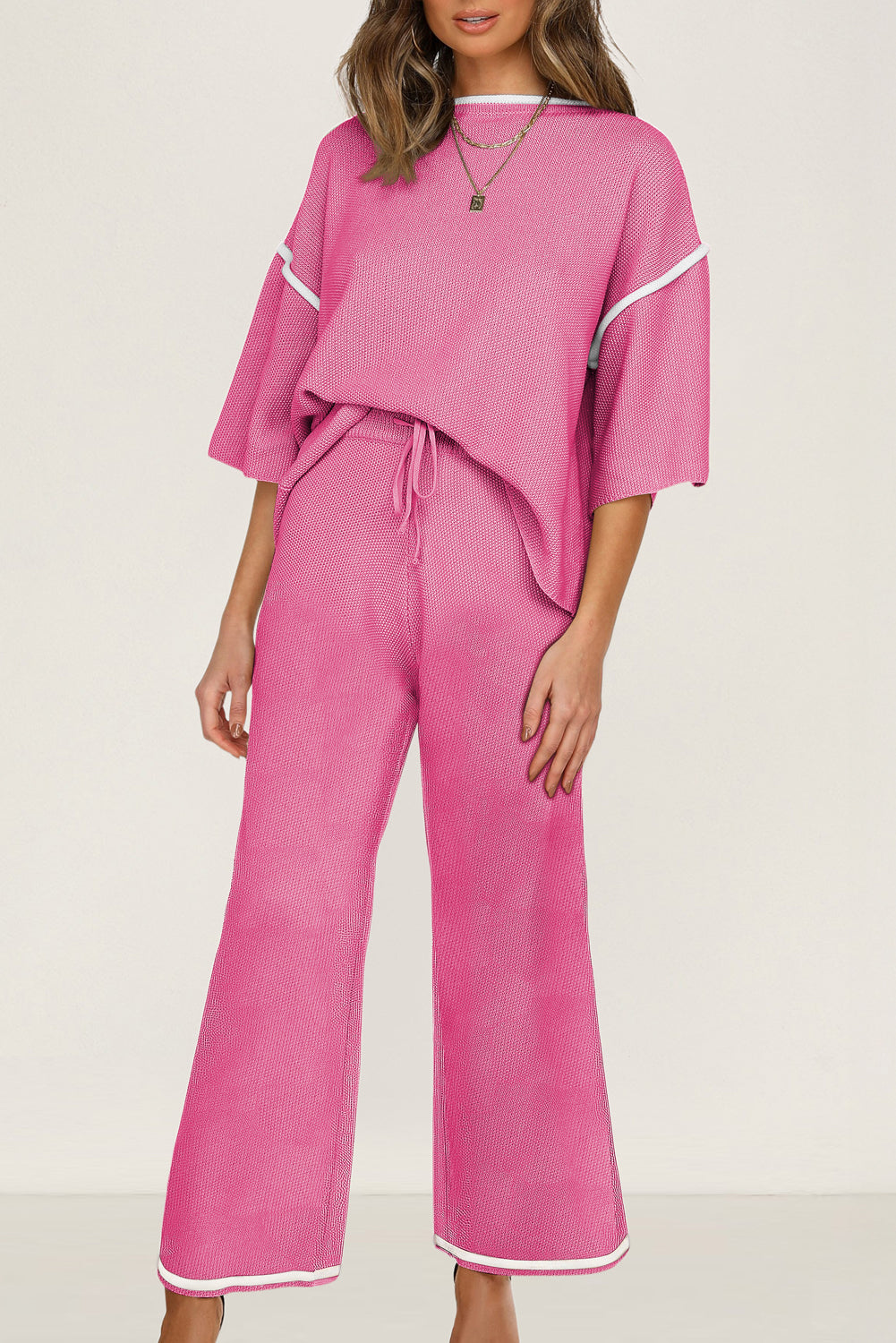 Women’s Knit Lounge Set Contrast Trim Top and Pants