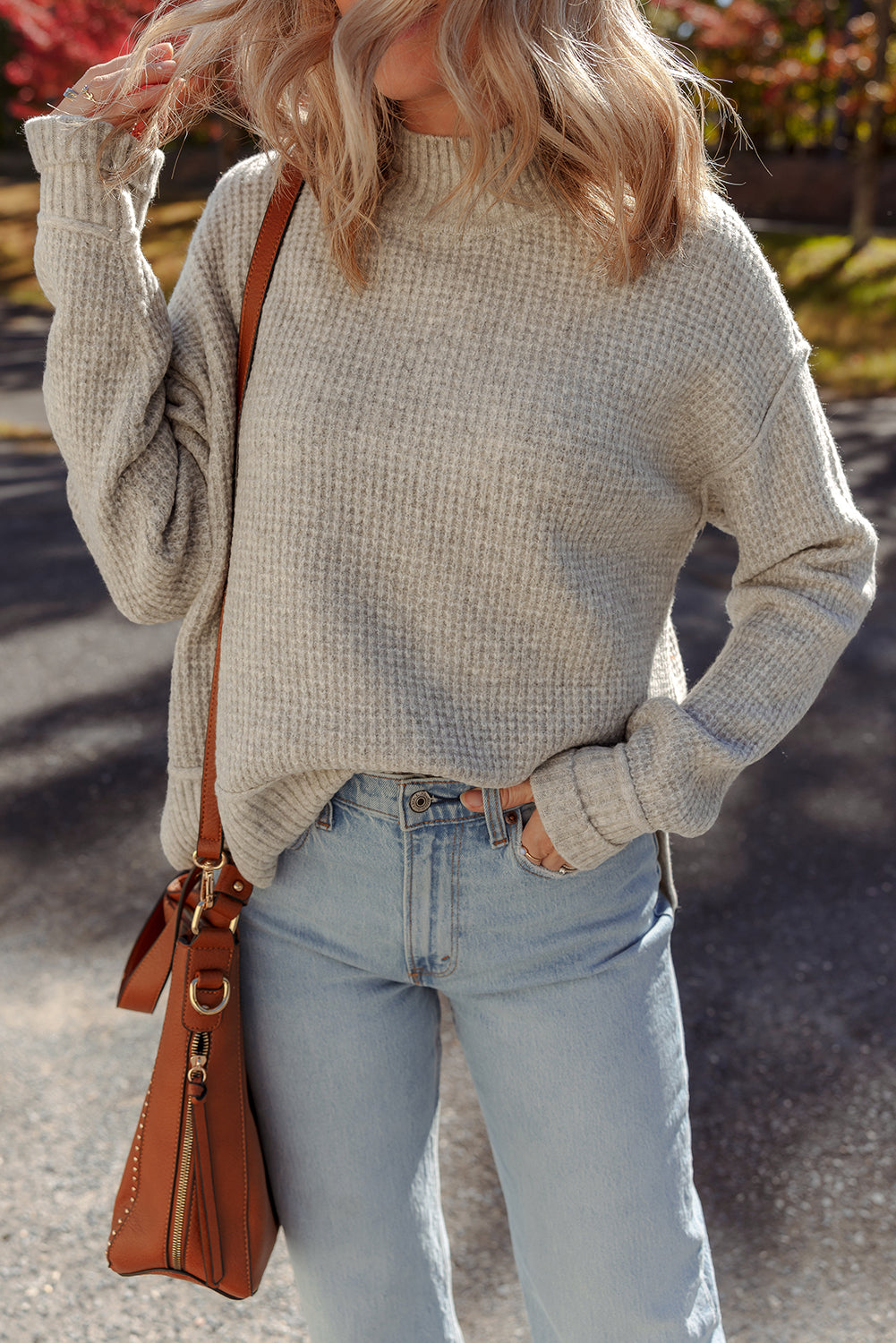 Waffle Knit High Neck Drop Shoulder Ribbed Sweater