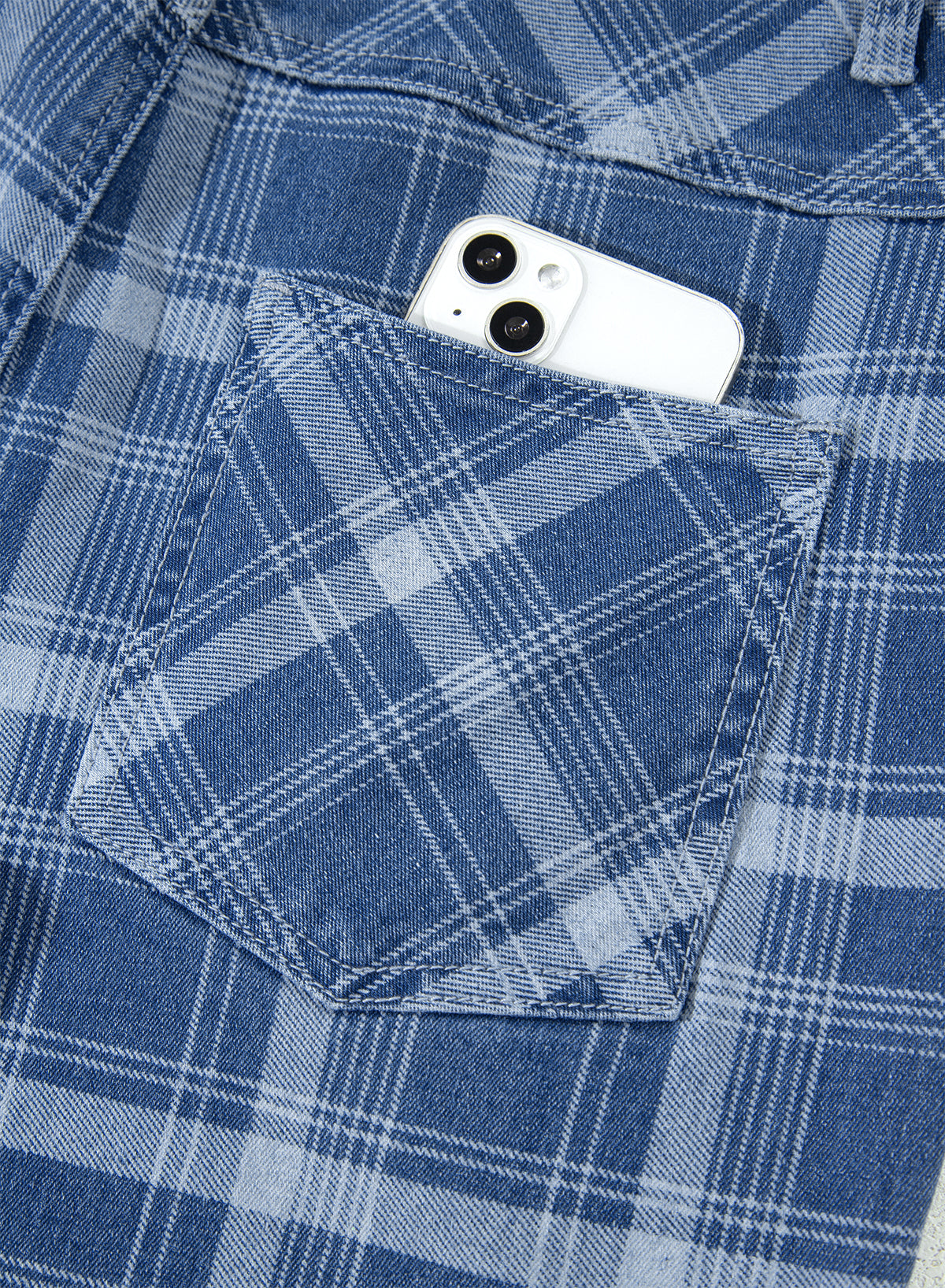 Plaid Denim Drawstring Wide Leg Utility Jeans