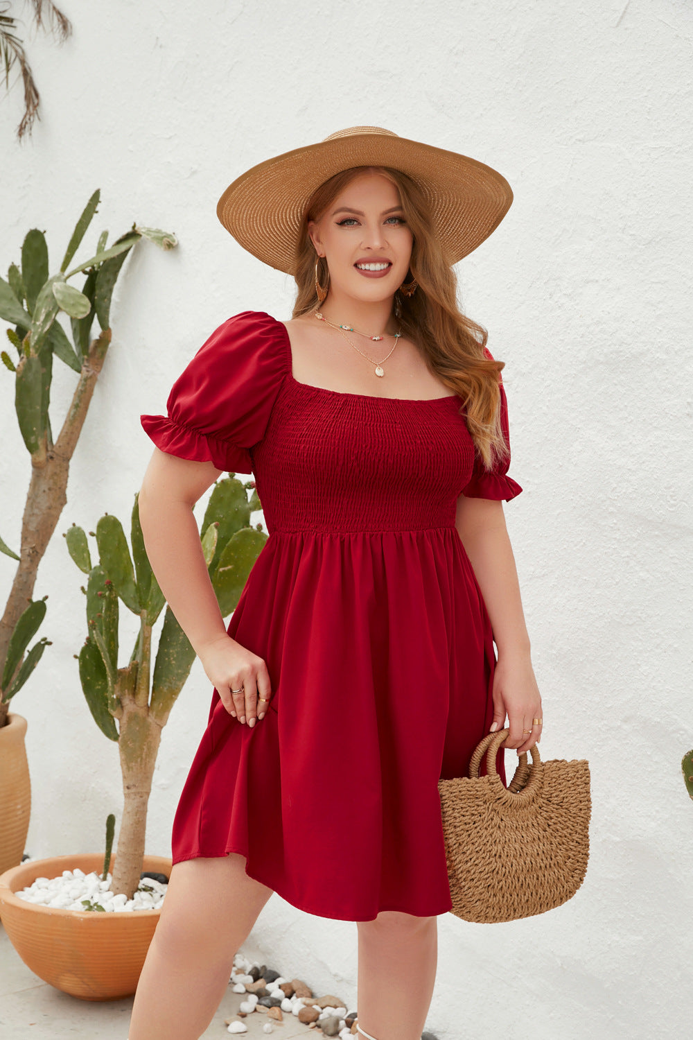 Women's Square Neck Flounce Short Sleeve Shirred Ruffle Hem Dress