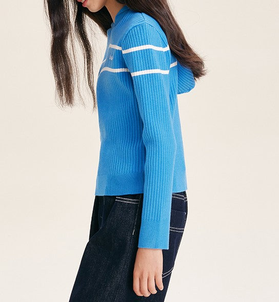 Girls' Striped Knit Hoodie Sweater with Long Sleeves