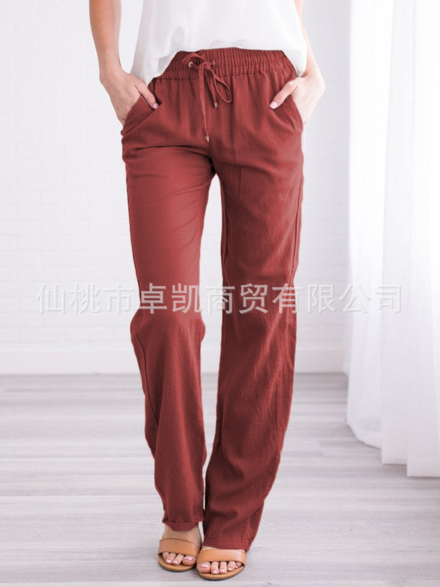Women's Cotton Linen Drawstring Wide Leg Casual Pants