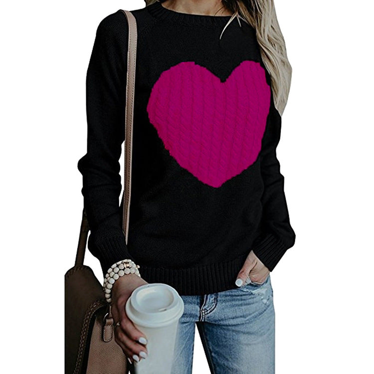 Women's Oversized Heart Crewneck Sweater Knit Pullover