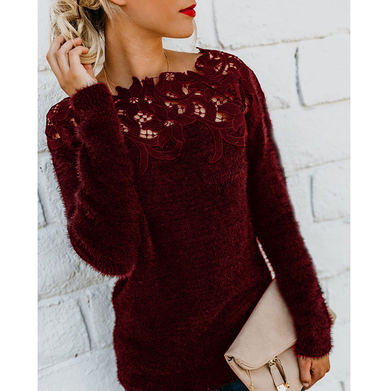 Off Shoulder Lace Fuzzy Sweater Long Sleeve Plus Size