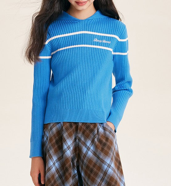 Girls' Striped Knit Hoodie Sweater with Long Sleeves