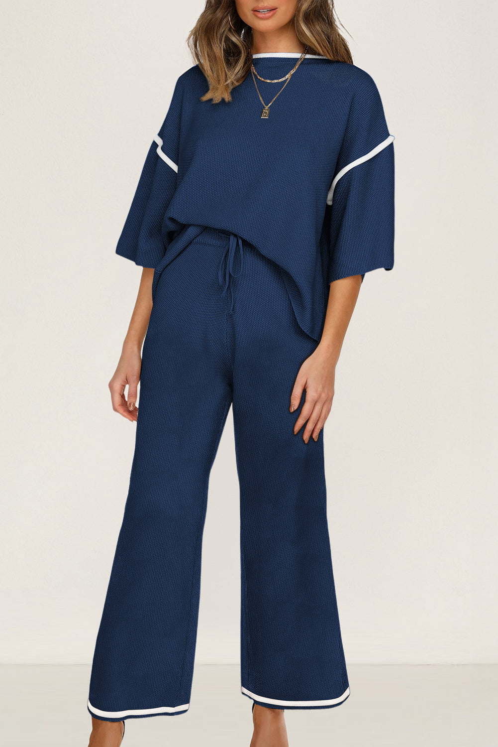 Women’s Knit Lounge Set Contrast Trim Top and Pants