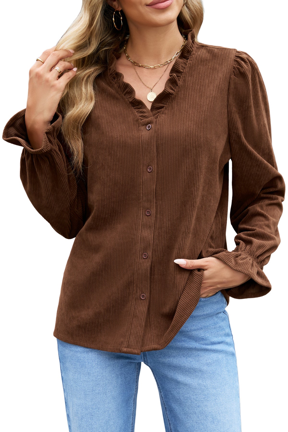 Coffee Corduroy Ruffle V Neck Button Shacket