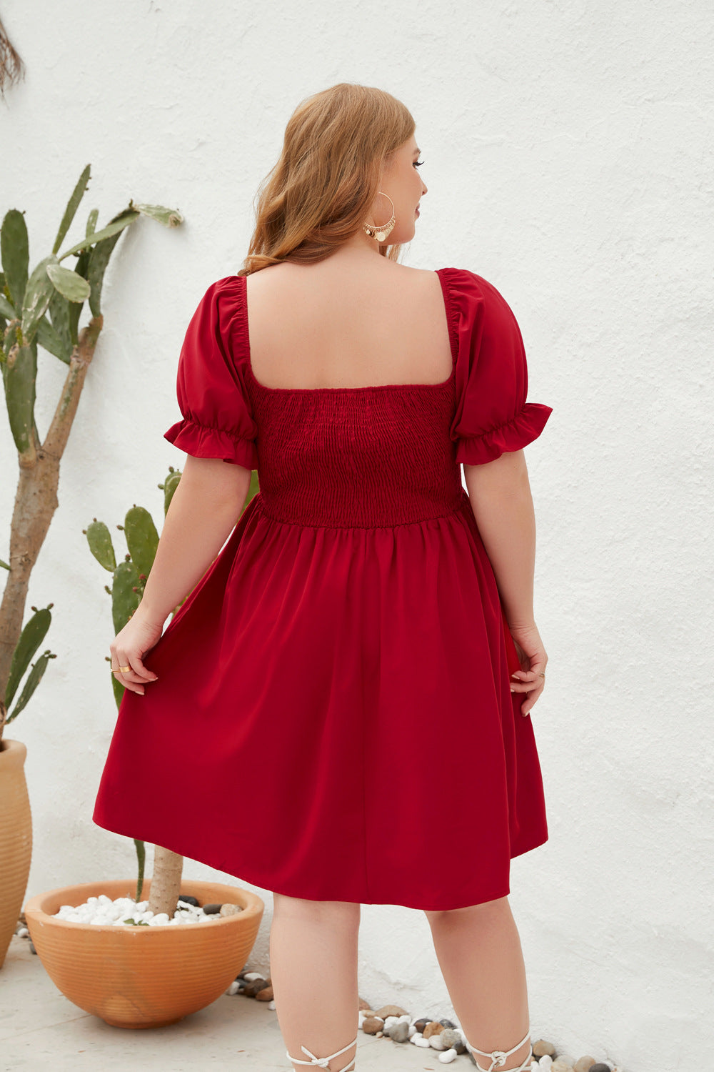 Women's Square Neck Flounce Short Sleeve Shirred Ruffle Hem Dress