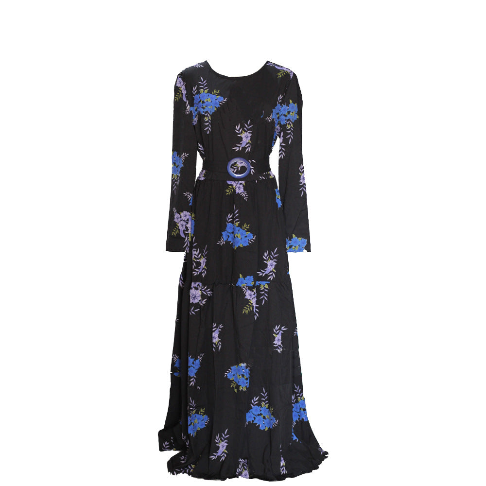 Women's Floral Maxi Dress Long Sleeve Belted Stretchy Flowy