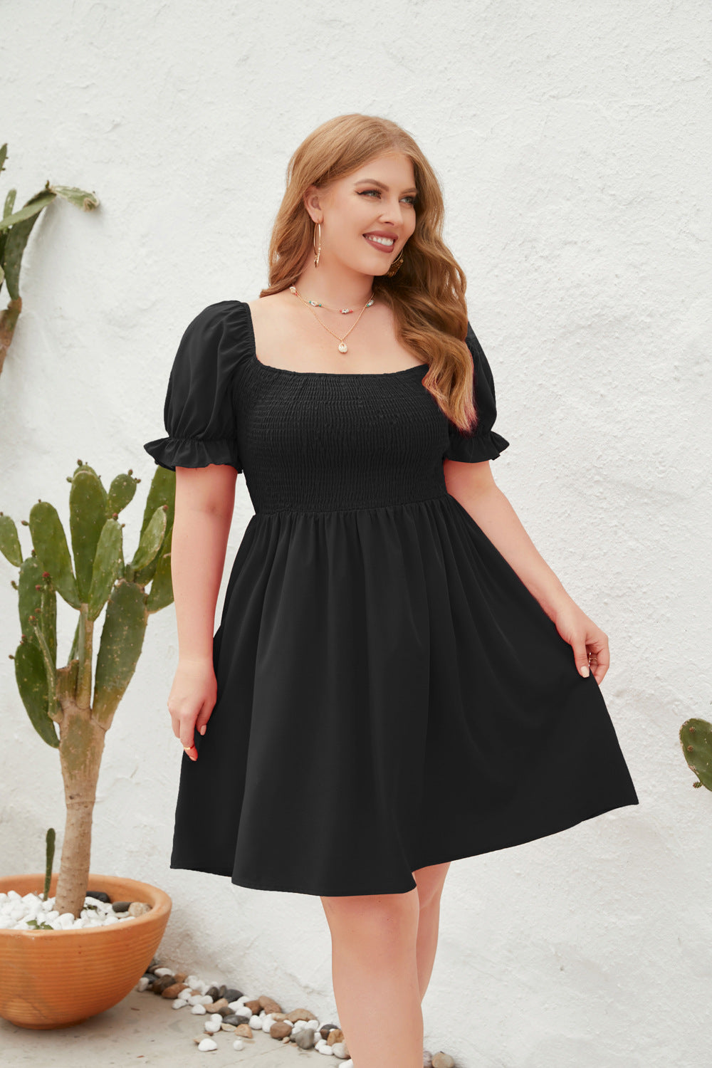 Women's Square Neck Flounce Short Sleeve Shirred Ruffle Hem Dress