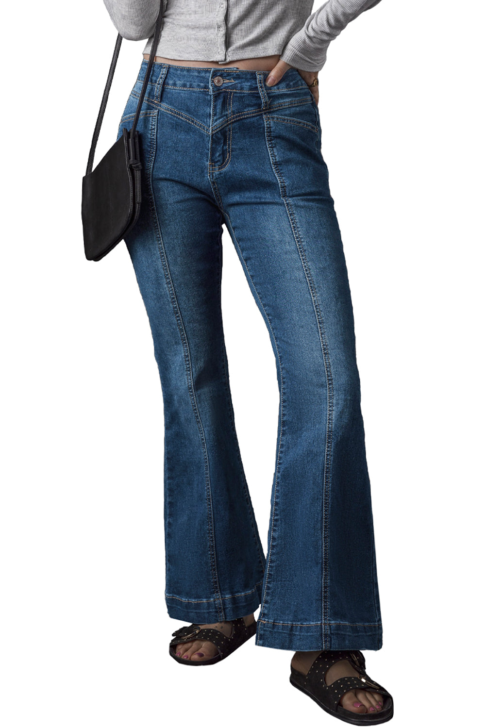 High Waist Flare Jeans with Contrast Seams & Pockets