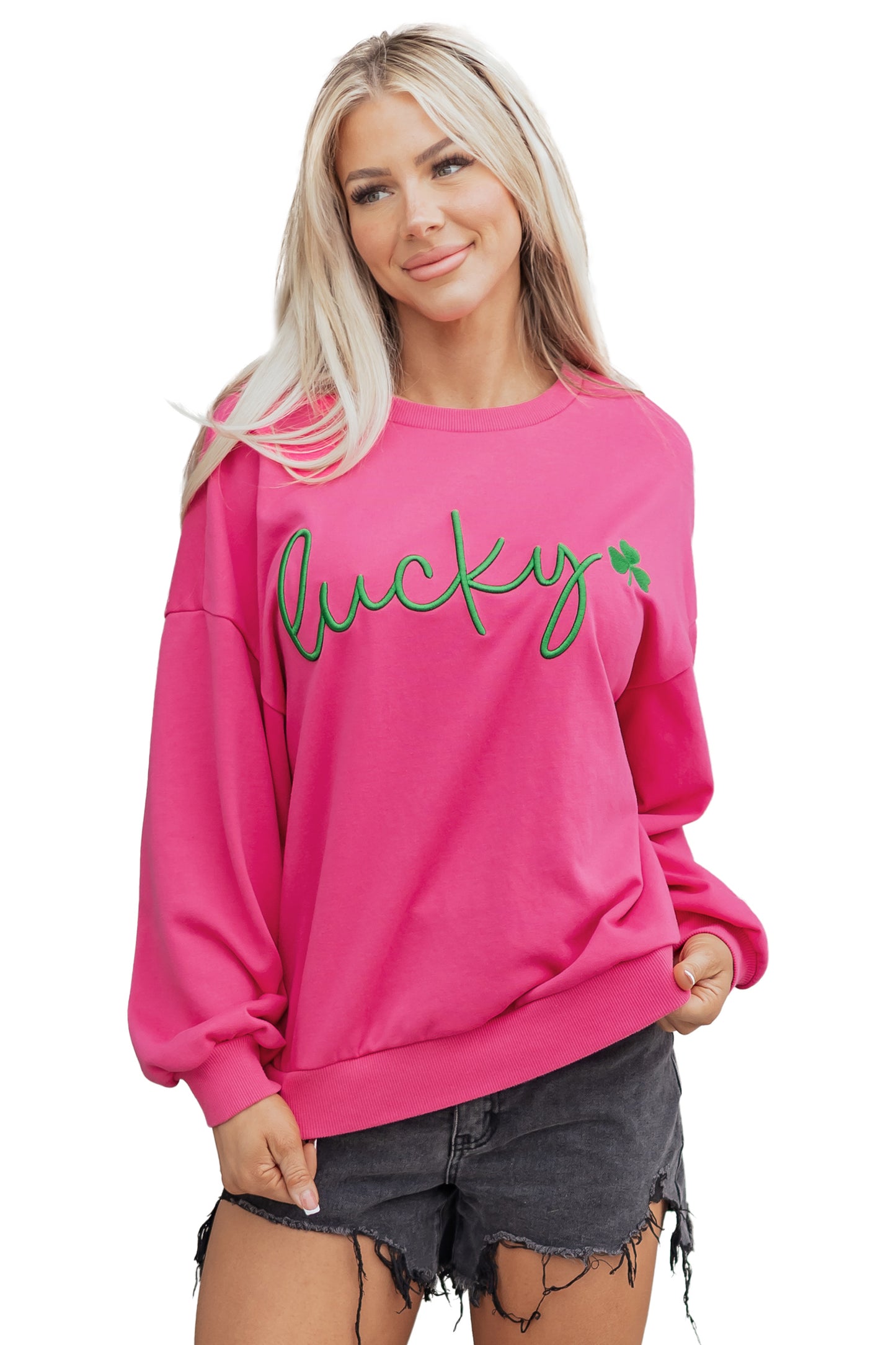 Rose Red St Patrick’s Lucky Clover Embroidered Sweatshirt