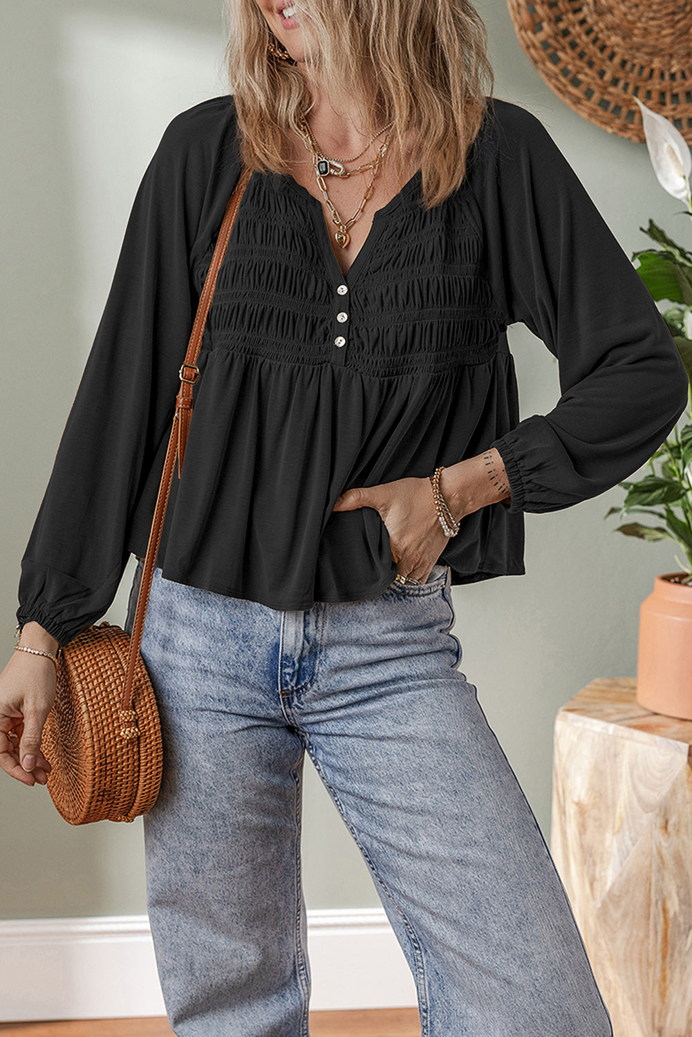 Cinnamon Smocked Bust Buttoned Split V Neck Flow Fit Blouse