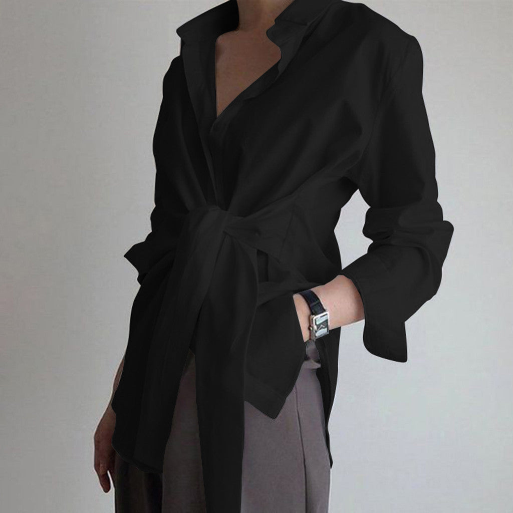Women's Oversized Tie Front Button Down Long Sleeve Shirt