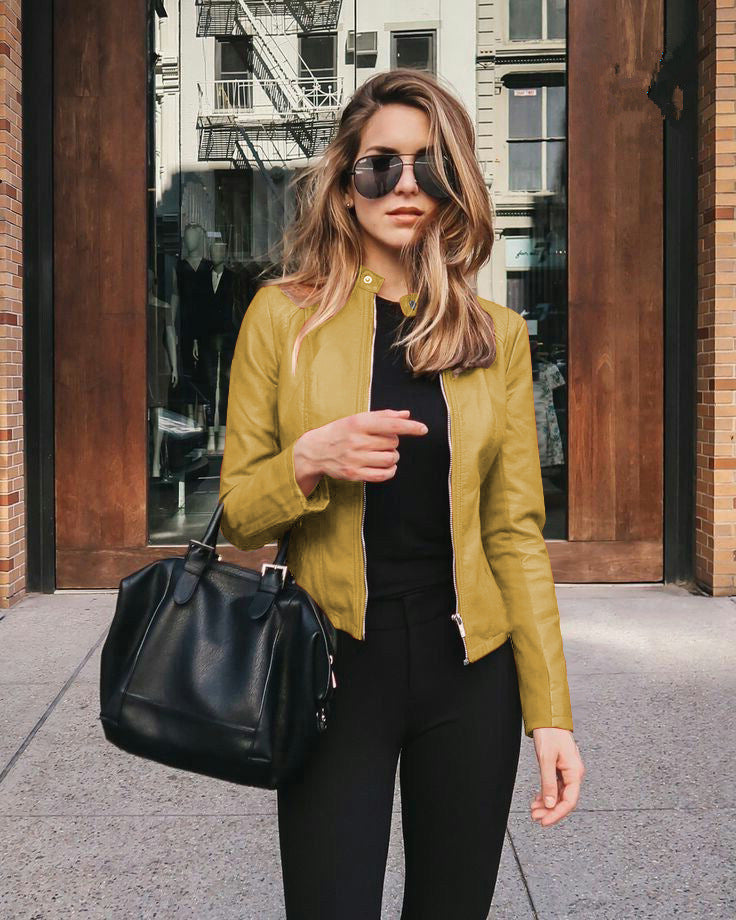 Women's Faux Leather Zip-Up Blazer Slim Fit Jacket