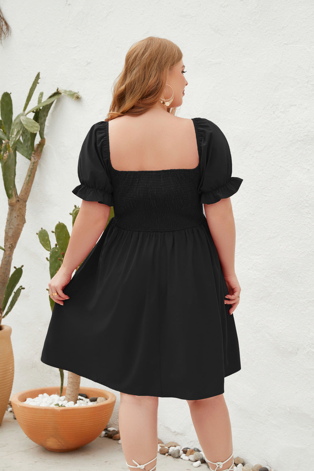 Women's Square Neck Flounce Short Sleeve Shirred Ruffle Hem Dress