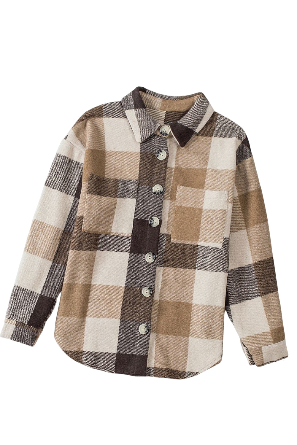 Khaki Plaid Colorblock Buttoned Long Sleeve Jacket with Pockets