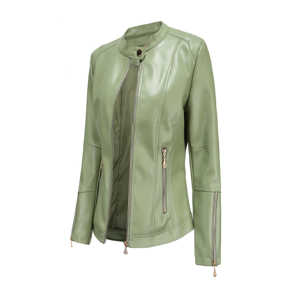 Women's Faux Leather Stand Collar Moto Jacket Zip Up