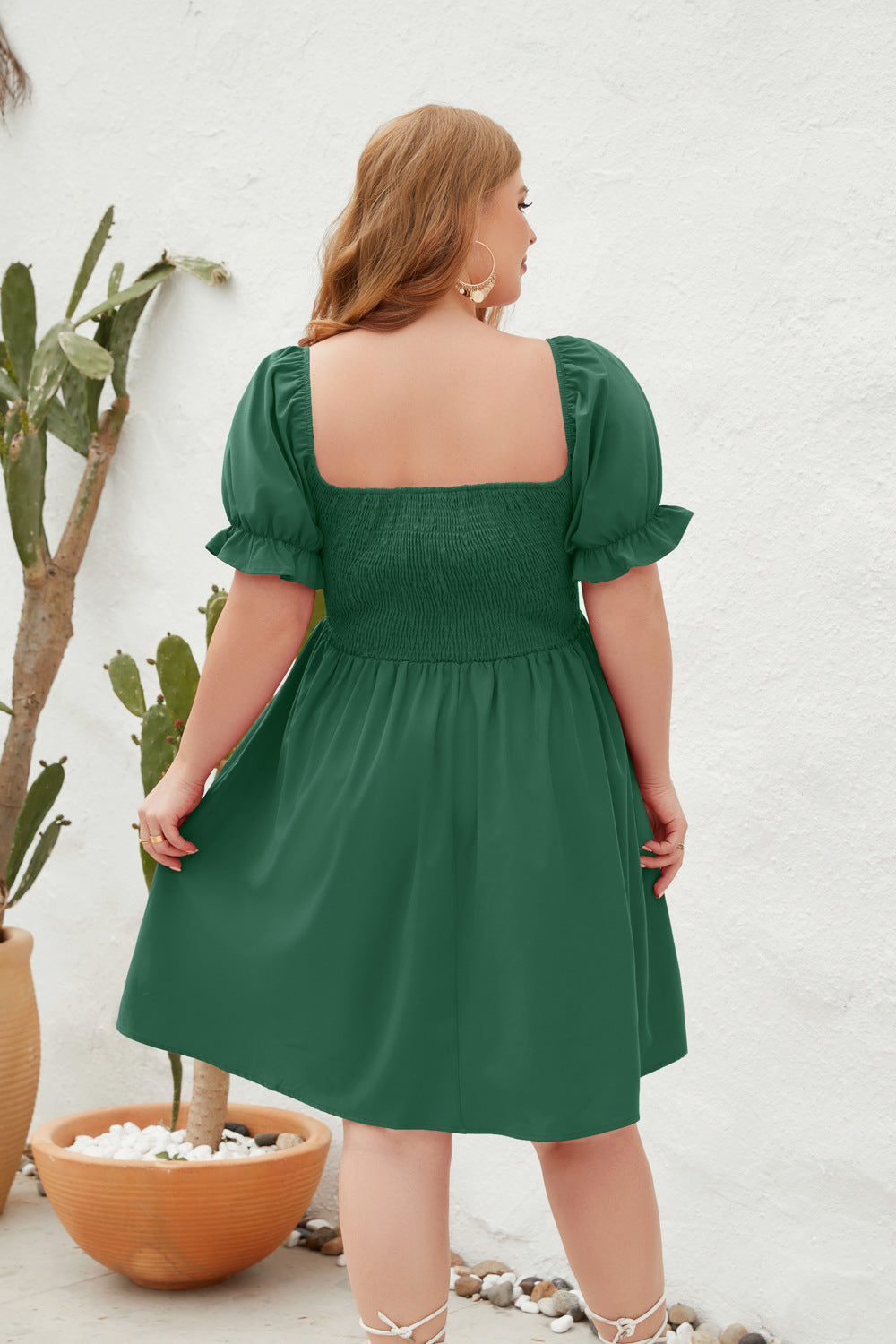 Women's Square Neck Flounce Short Sleeve Shirred Ruffle Hem Dress
