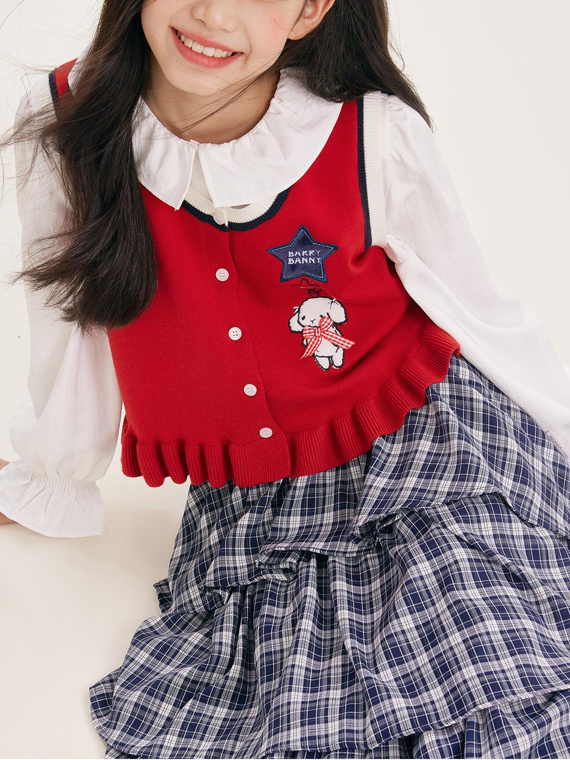 Cute Embroidered Red Knit Vest Cardigan for Kids – Adorable Ruffle Hem