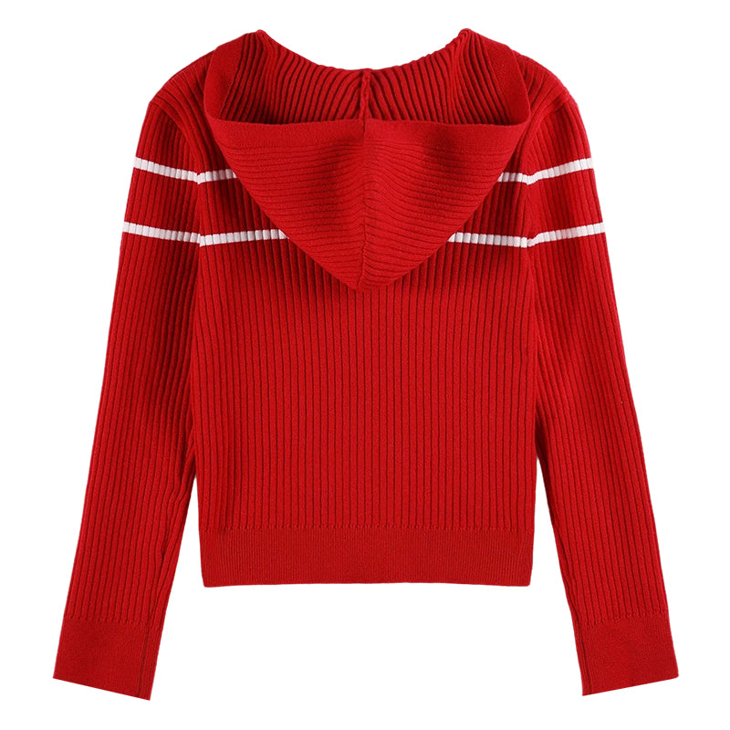 Girls' Striped Knit Hoodie Sweater with Long Sleeves