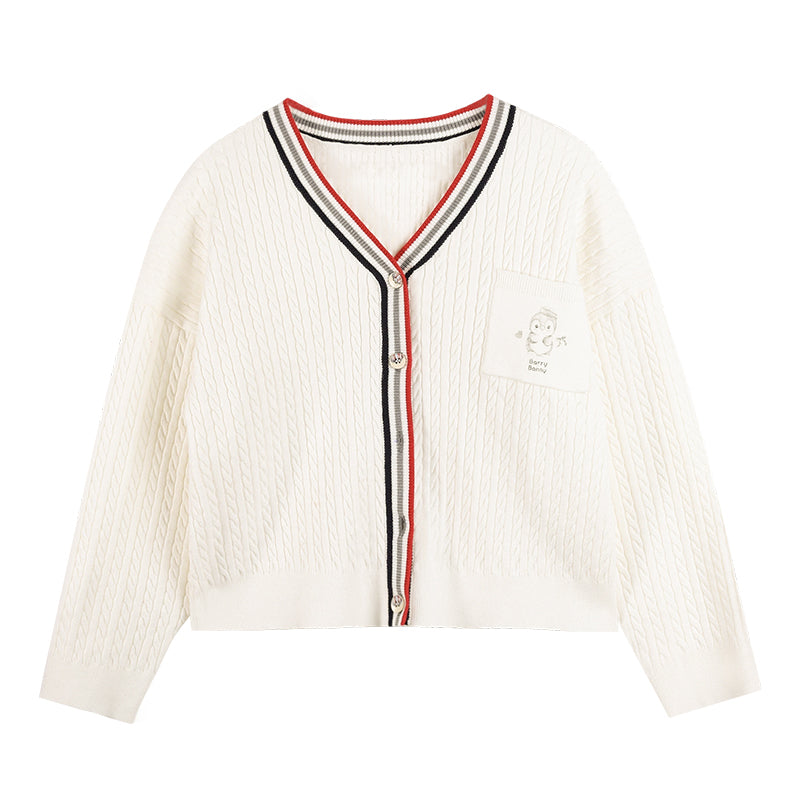Girls' Cozy Button-Front Cardigan with Striped Trim