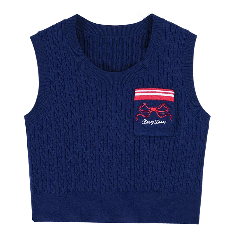 Cute Navy Knitted Vest with Red Bow Detail for Girls