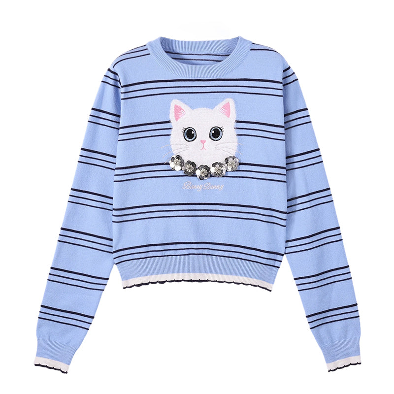 Cute Cartoon Cat Sequin Knit Sweater