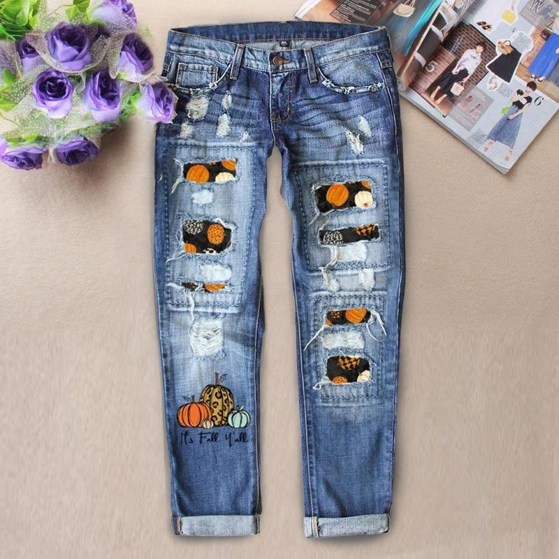Women’s Halloween Distressed Straight Leg Pumpkin Jeans