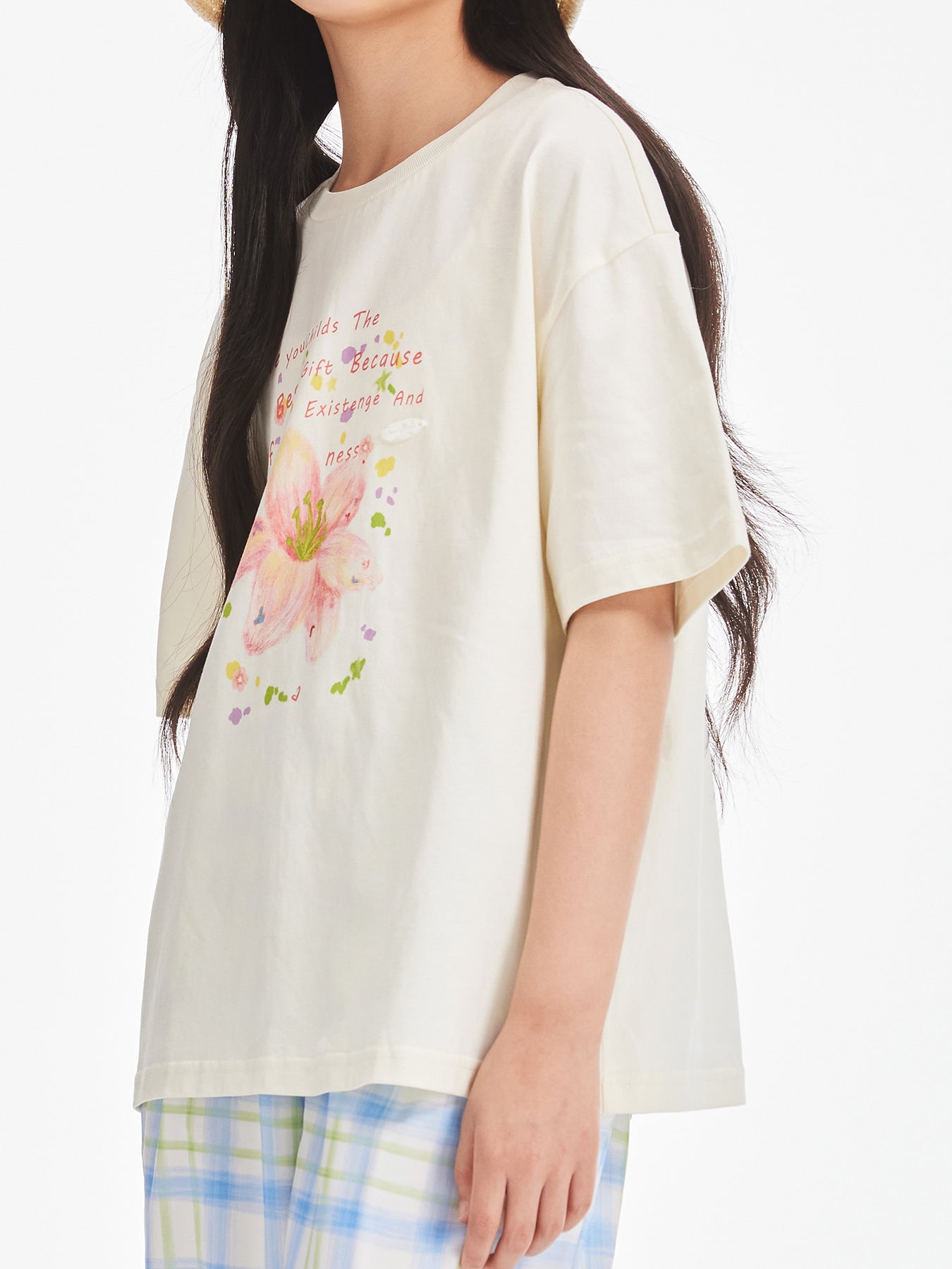 Girls Ivory Cotton Floral Graphic Short Sleeve T-Shirt