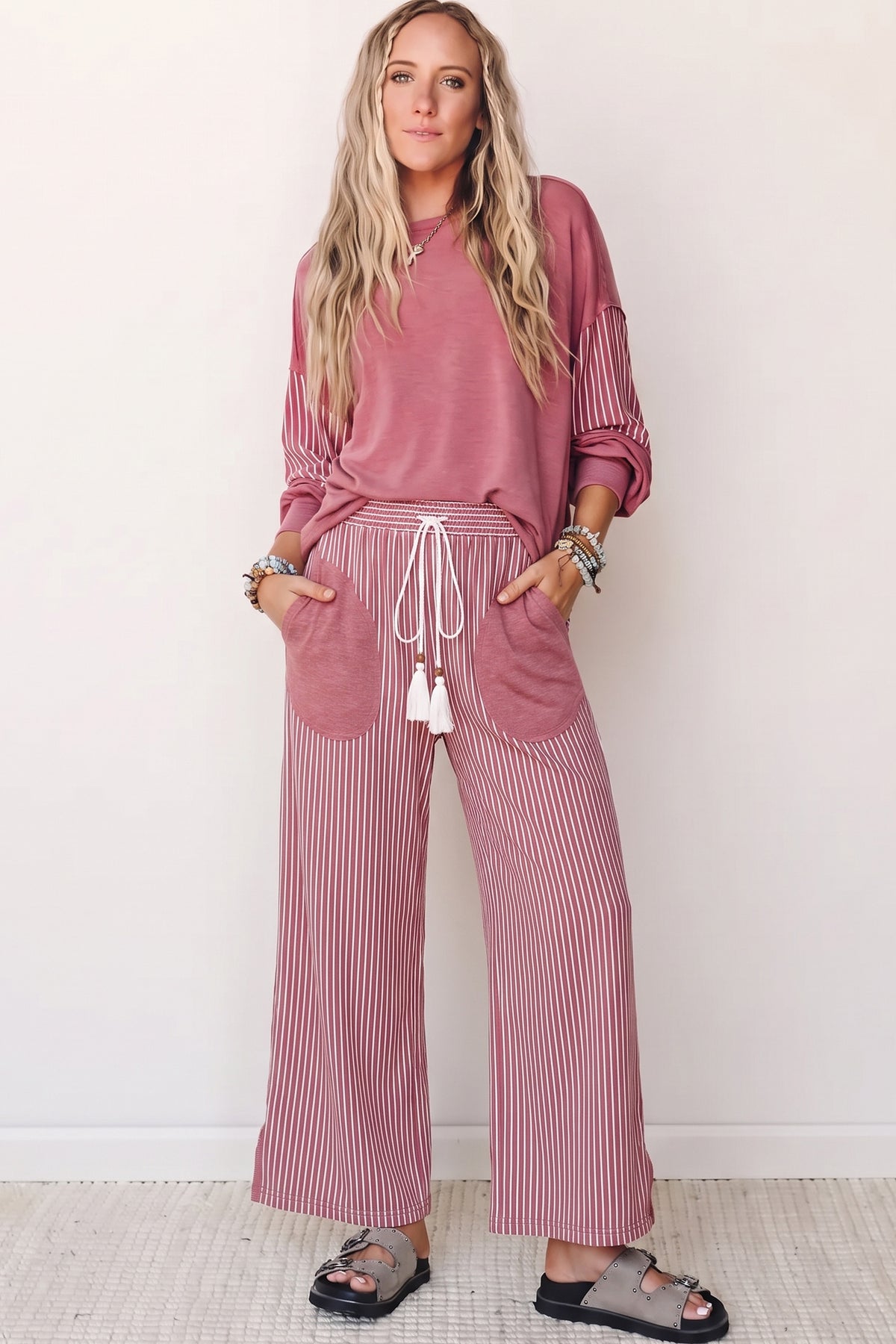 Women’s Stripe 2 Piece Lounge Set Long Sleeve Top Wide Leg Pants