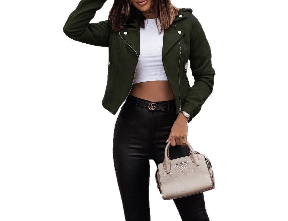Women's Faux Suede Moto Jacket Zip Up Cropped Fall