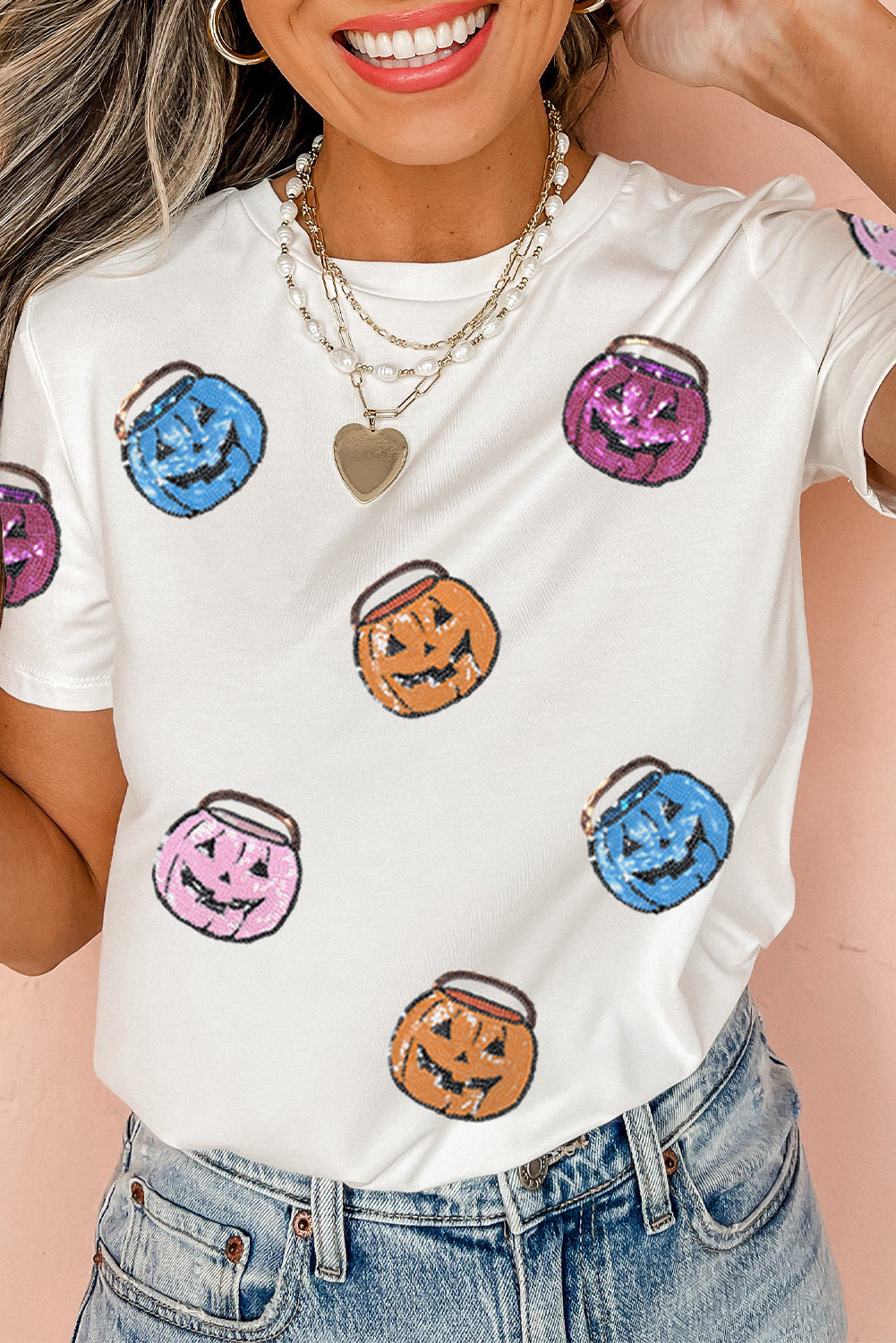 White Sequin Pumpkin Face Patched Crew Neck Halloween T-Shirt