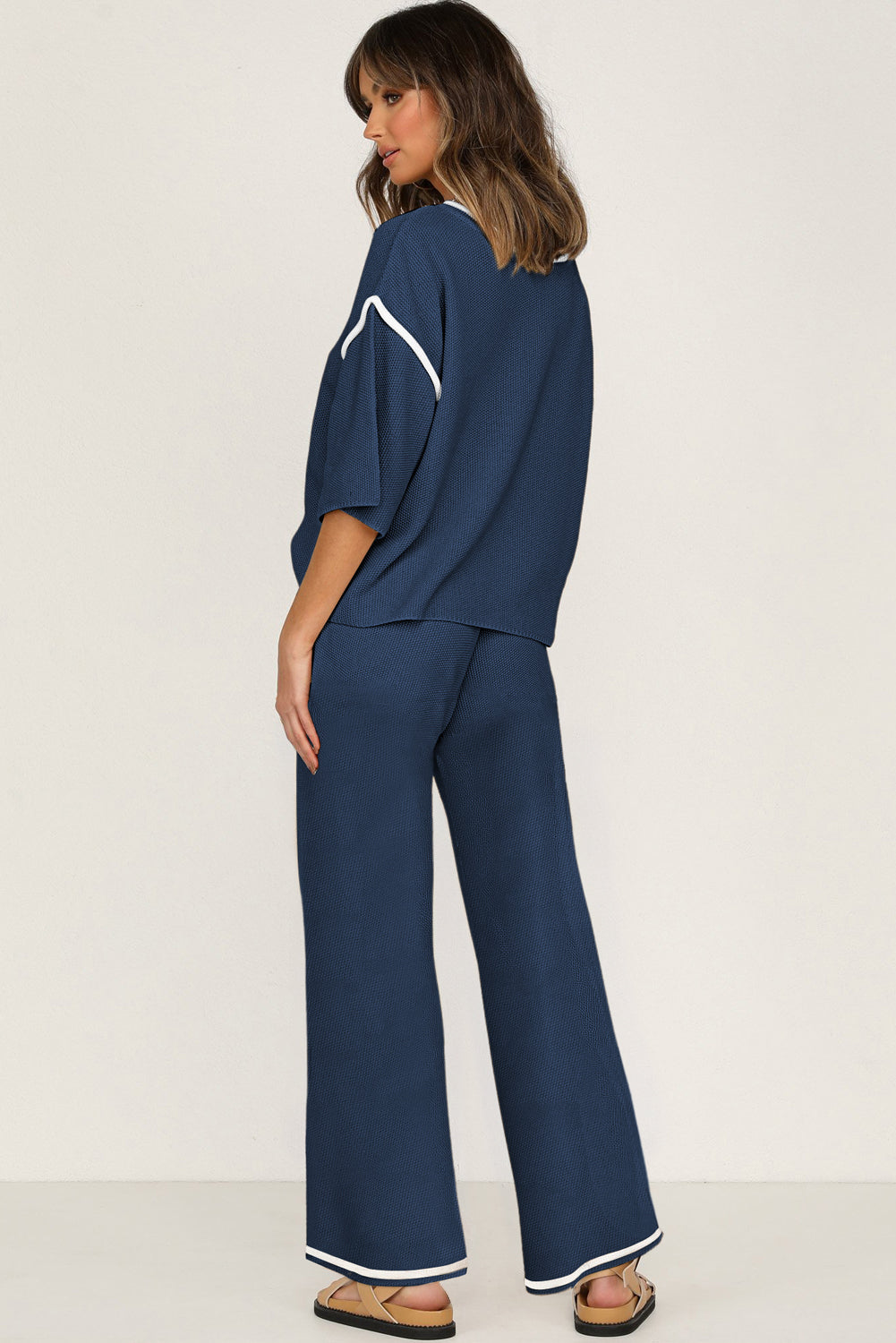 Women’s Knit Lounge Set Contrast Trim Top and Pants