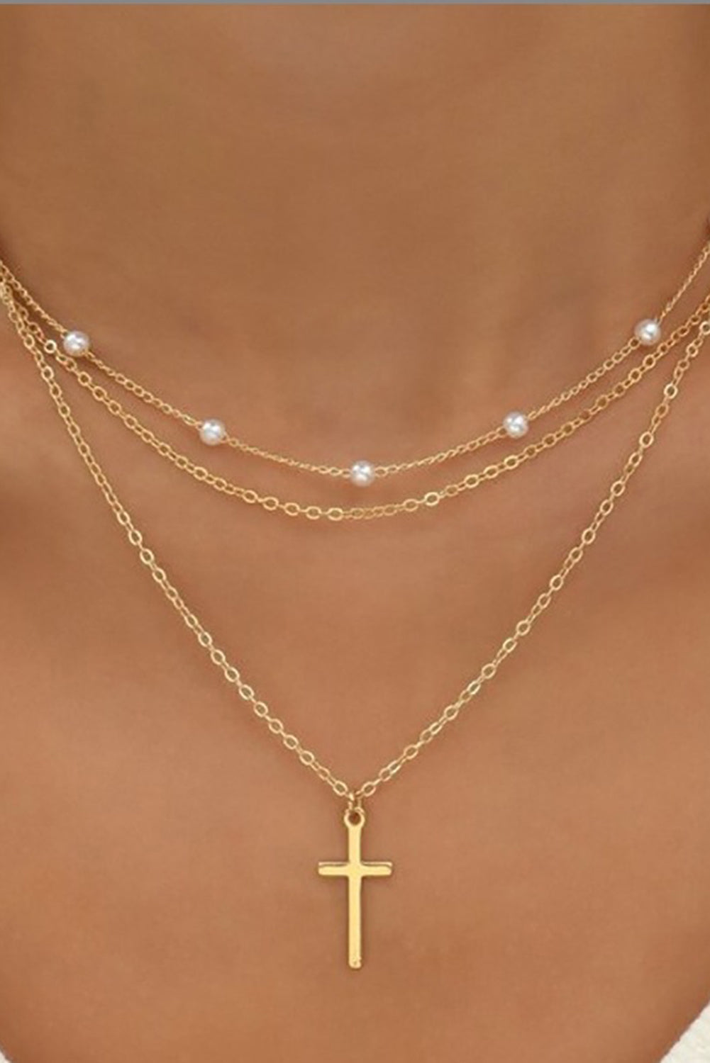 Gold Cross Pendant Pearl Triple Layer Chain Necklace