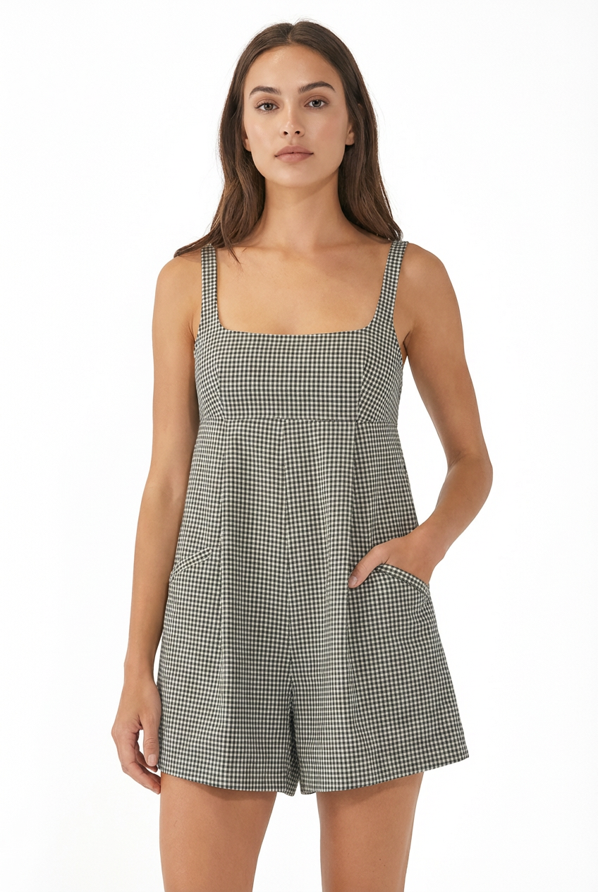 Plaid Square Neck Babydoll Romper with Pockets Women