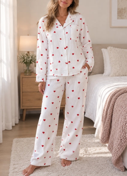 Women's Heart Print Cotton Pajama Set Long Sleeve Pants