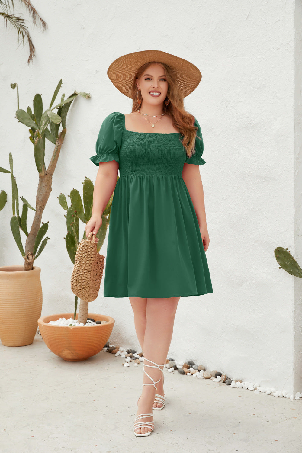 Women's Square Neck Flounce Short Sleeve Shirred Ruffle Hem Dress