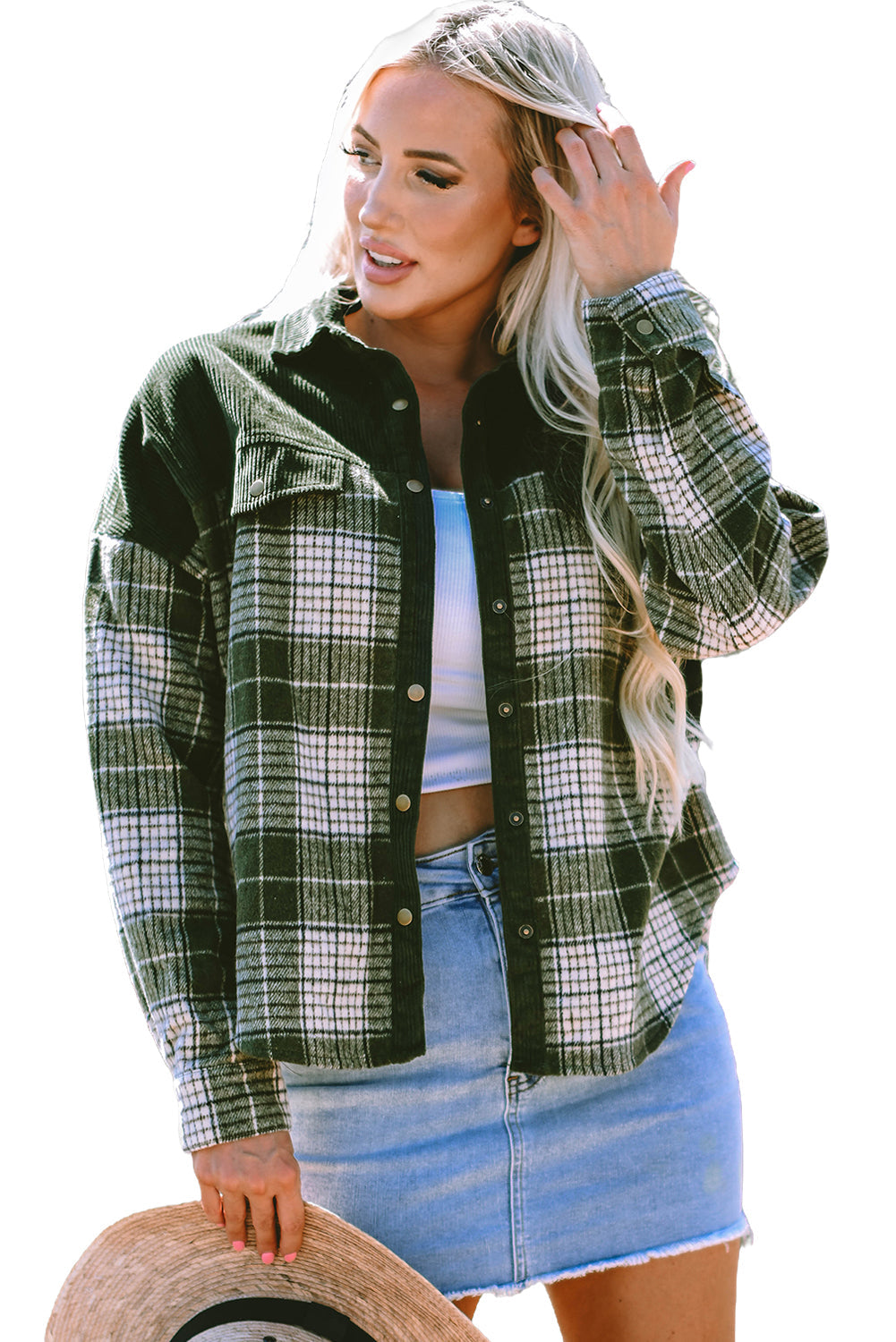 Blackish Green Snap Button Plaid Shacket with Corduroy Patchwork