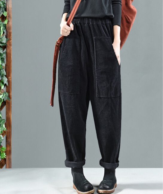 Women Corduroy Harem Pants High Waist Loose Pockets