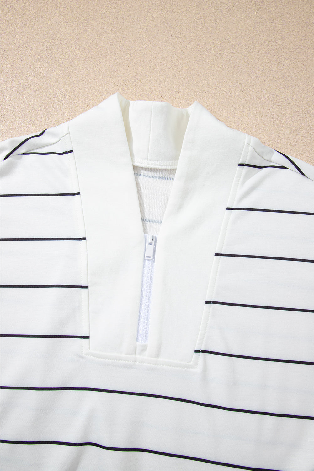 White Striped Zip V Neck Drop Shoulder Long Sleeve Top