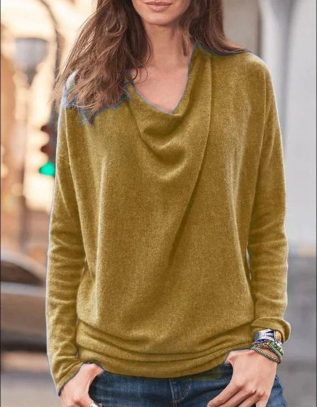 Women's Loose Cowl Neck Long Sleeve Cotton Pullover Top