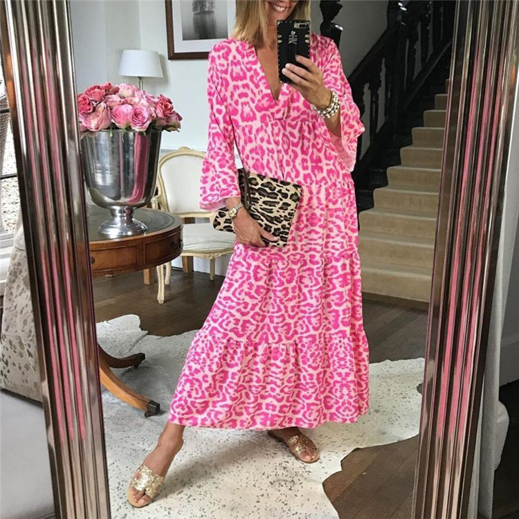 Women's Pink Leopard V-Neck Flowy Maxi Dress