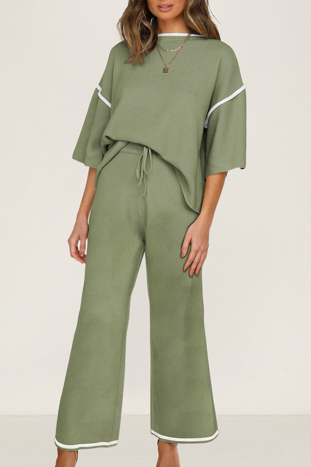 Women’s Knit Lounge Set Contrast Trim Top and Pants