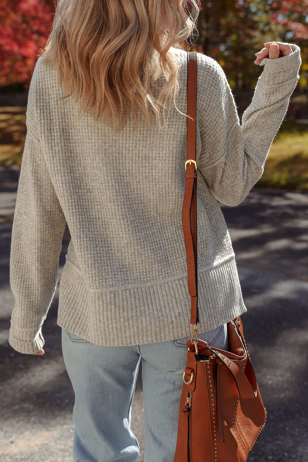 Waffle Knit High Neck Drop Shoulder Ribbed Sweater